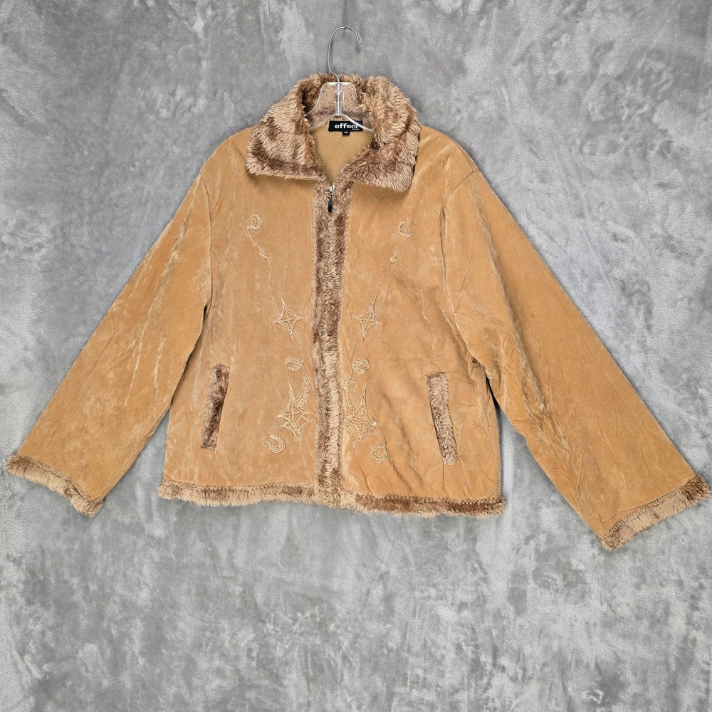 Effeci Jacket Women 2X Tan Faux Suede Fur Trim Embroidered Zip Up Coat Western